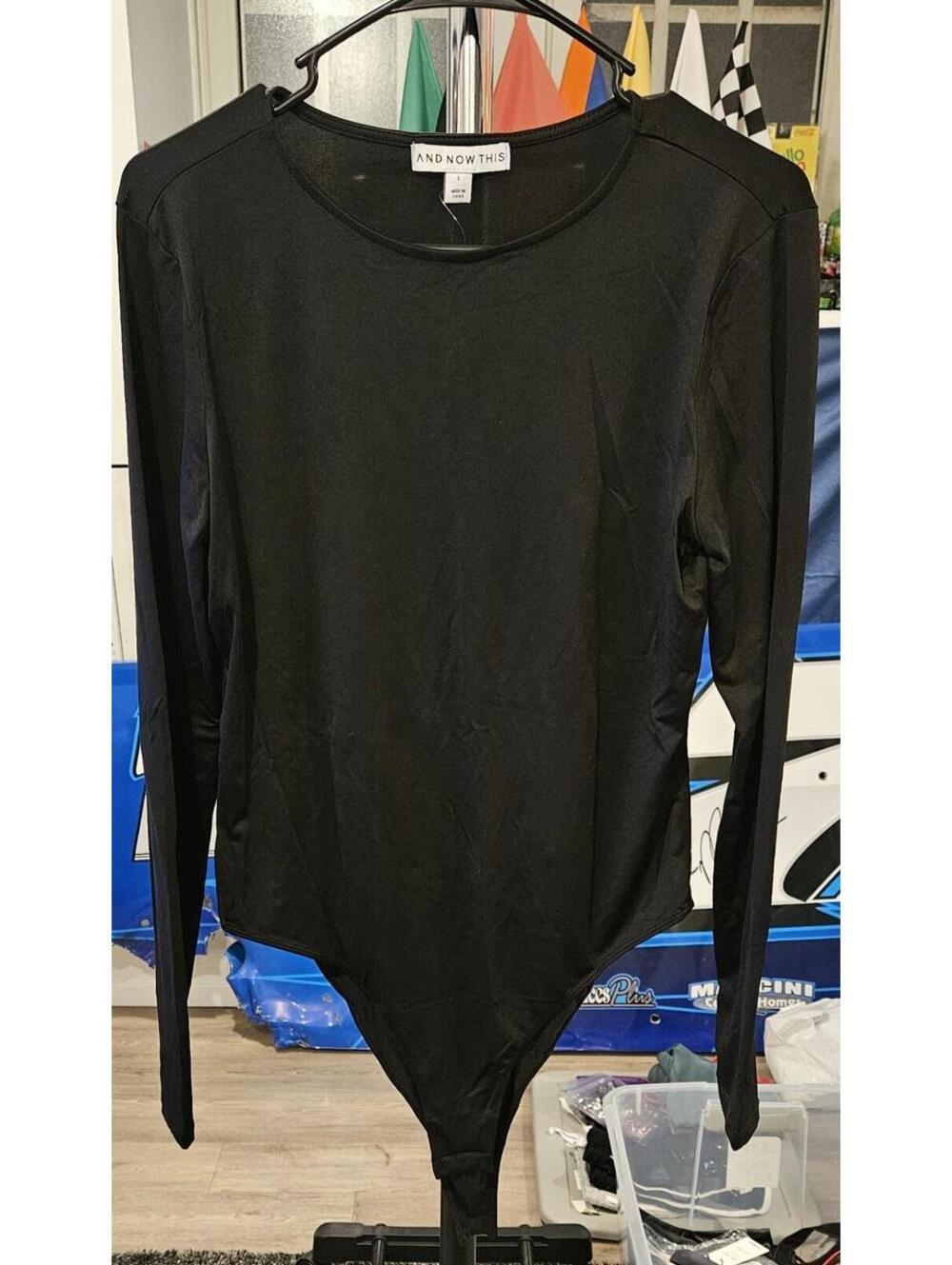 And Now This (Macys) Black Satin Silky Bodysuit Size L